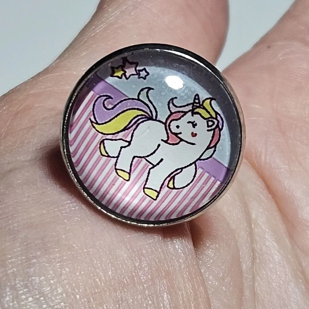 Silver Tone Carbochon Pastel Pink Blue Purple Unicorn Adjustable Ring